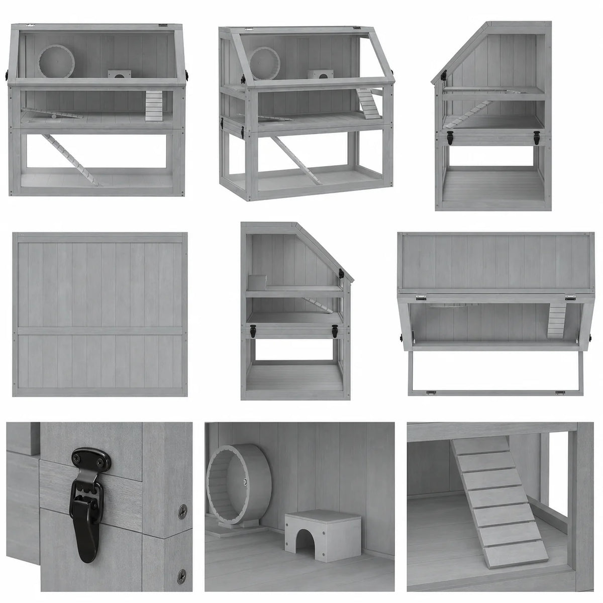 Wooden Hamster Cage 3 Story with Deep Base Removable Levels for Small Animals 80x50x76cm Light Gray