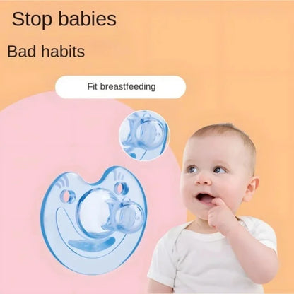 Newborn baby lulls to sleep with a breast milk like pacifier, with a soft silicone pacifier and round head to prevent eating