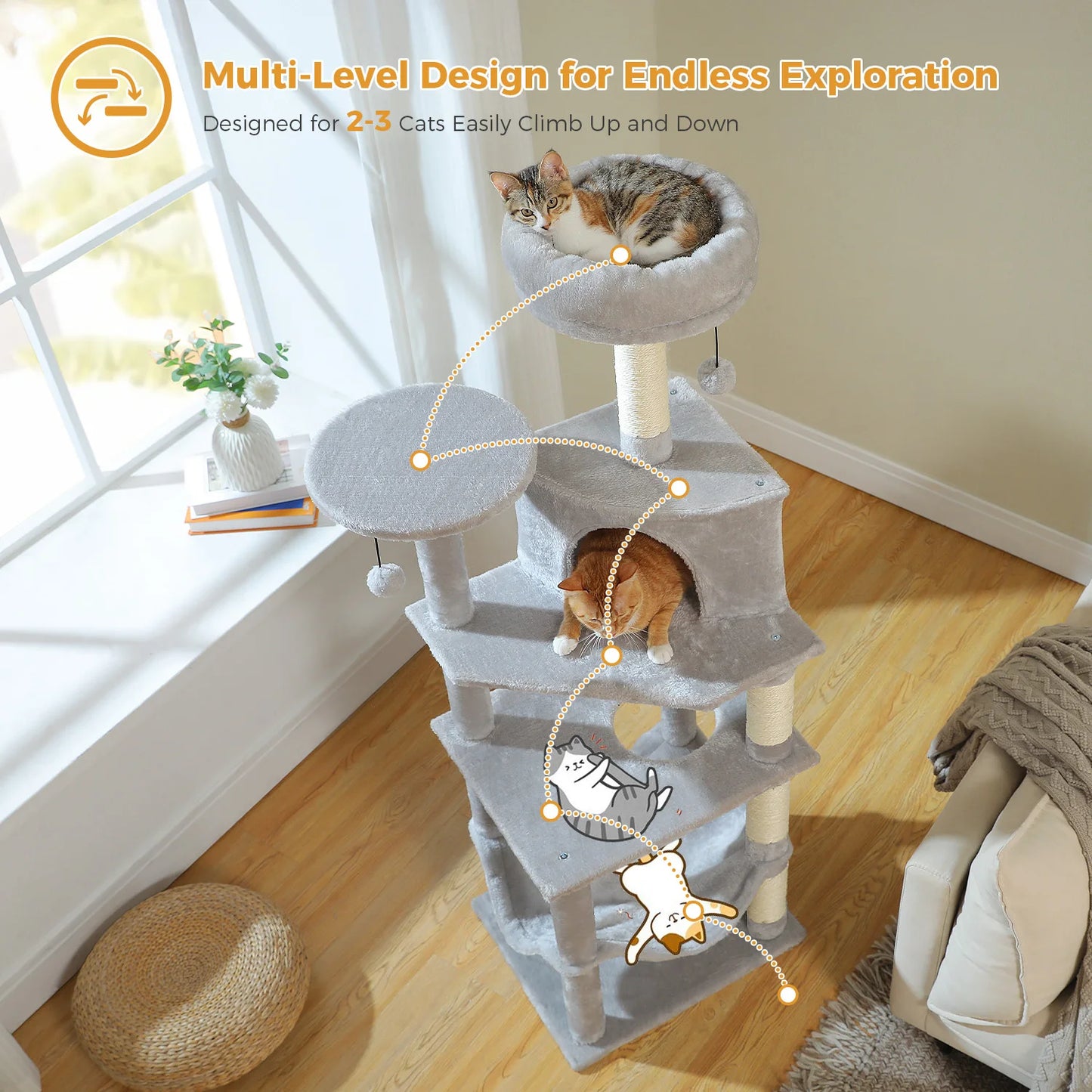 Multi-Level Cat Tree for Indoor Cats Large Cat Tower with Cozy Condo Hammock Sisal Scratching Posts Cat Scratchers Bed Cat Toys