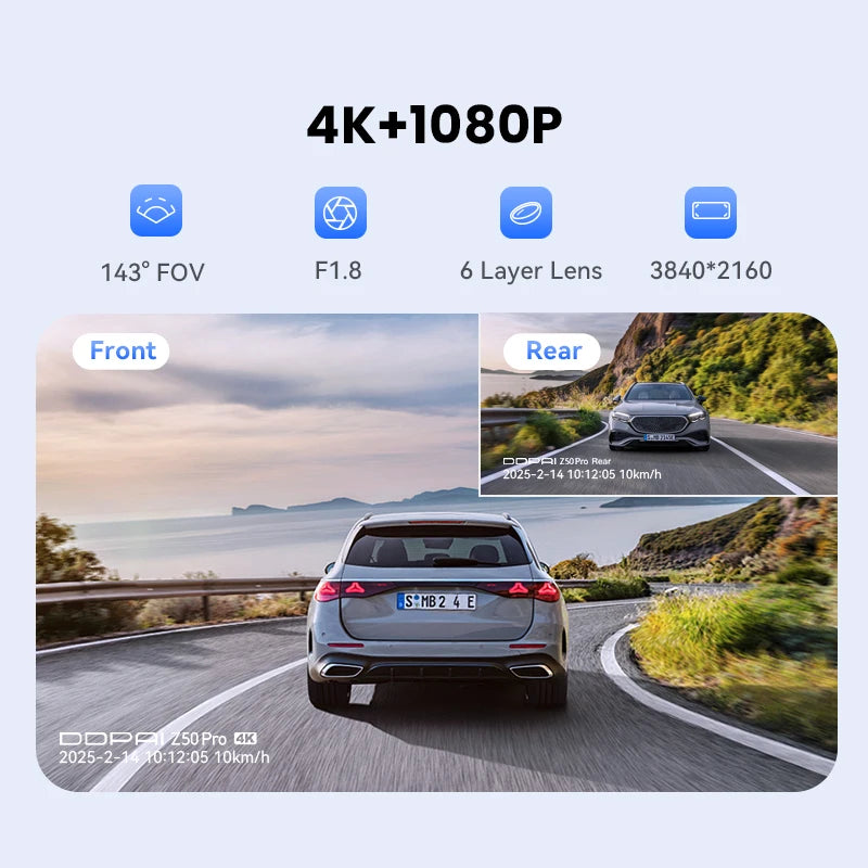 DDPAI Dash Cam Z50 Pro 4K HDR + 1080P Car DVR Night Vision Wi-Fi 6 GPS ADAS 24h Parking Monitor Front and Rear Camera Dashcam