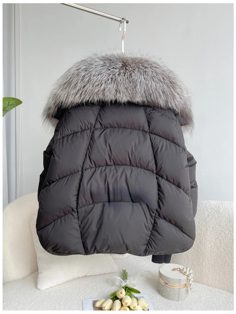 2024 Winter Women Warm Coat Oversized Real Fox Fur Collar Thick Luxury Outerwear New Fashion 90% Goose Down Jacket
