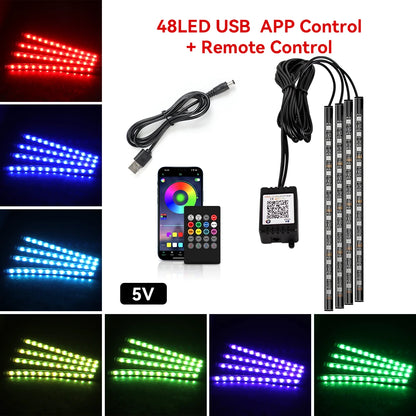 Neon Car Interior Ambient Foot Light with USB Wireless Remote Music App Control RGB 48 LED Atmosphere Decorative Lamp