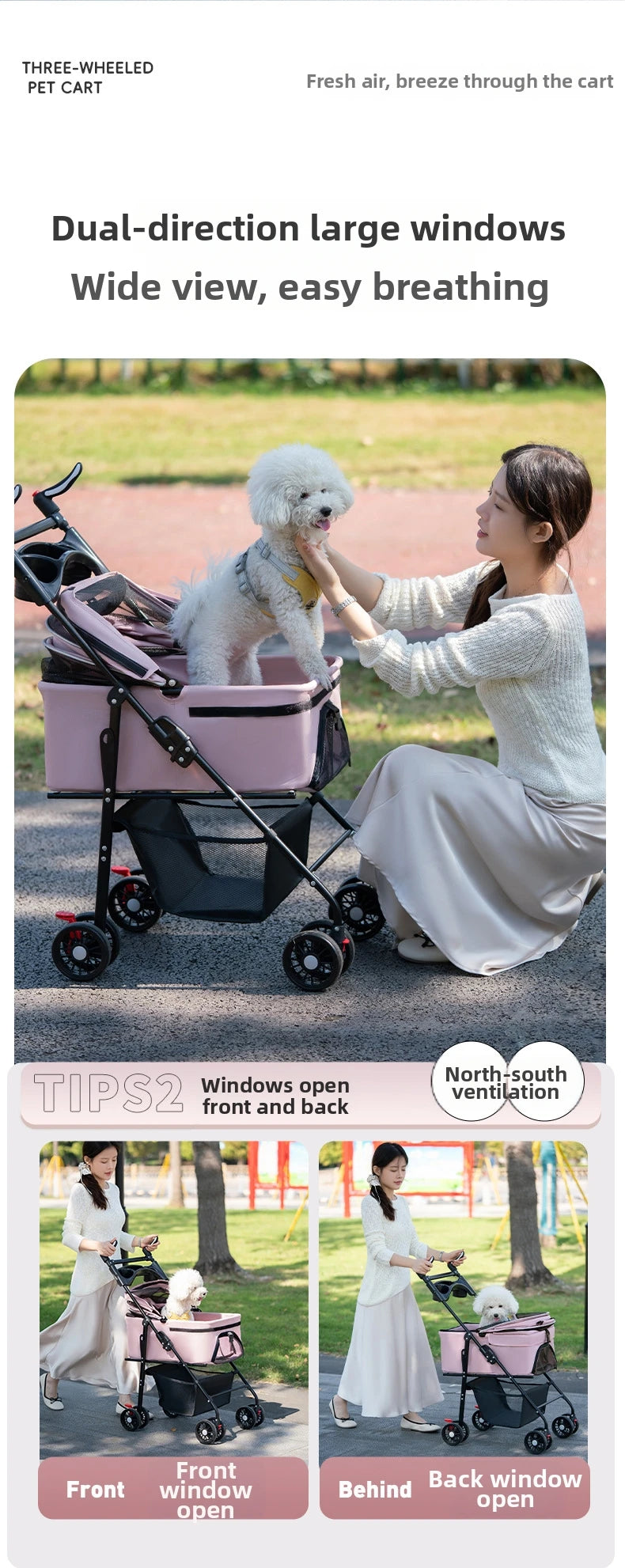 Pet Transport Stroller Dog Cat Portable Foldable Lightweight Detachable 4-Wheel Oxford Mesh Small Medium Push Cart