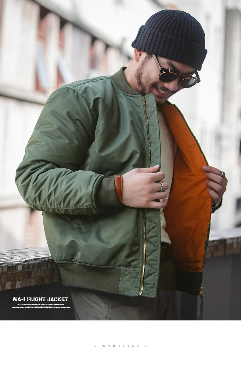Maden Vintage MA1 Pilot Jacket Green Thickened Cotton-padded Jacket Casual Baseball Pockets Flight Zipper Outwear for Men's Fall