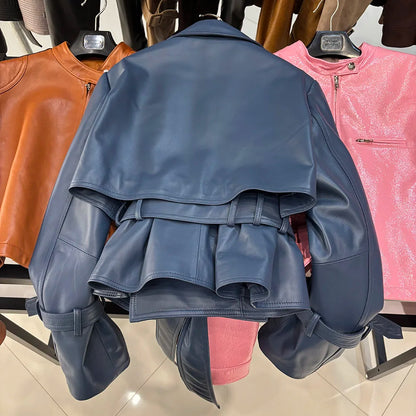 YOLOAgain 2025 Autumn Elegant Real Leather Jacket Coat Women Oversized Leather Jacket With Belt