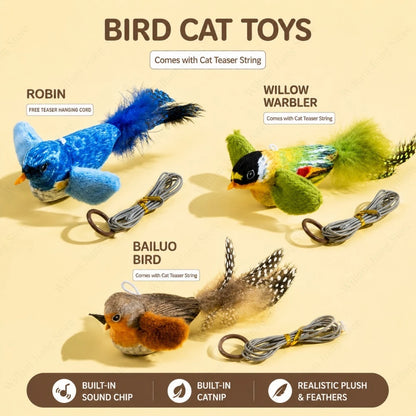 Bird Sound Cat Toy Brown Green Blue Color Options and Combination Set Plush Feather Hanging Teaser for Indoor Cats Chasing Play
