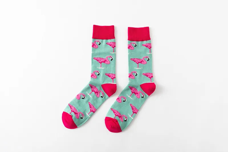 1Pair 35-44 Men Casual Cotton Sock Harajuku Cartoon Flamingo Loving Heart Cute Funny Character Japanese Socks