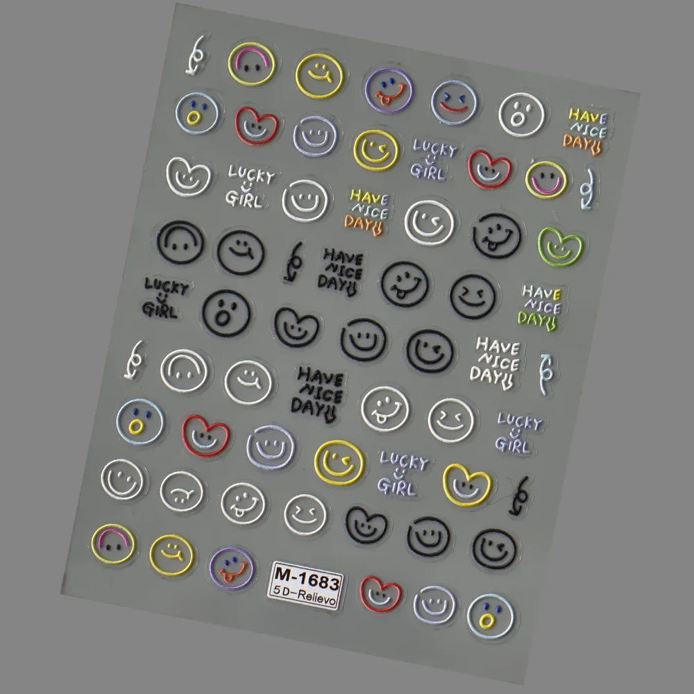 5D Exquisite Smiling Face Nail Stickers Embossed Japanese Macaron Nail Art Self-Adhesive Decorations Accessories DIY