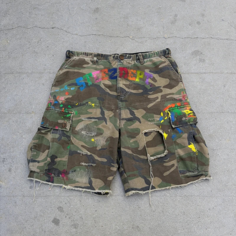 Y2K American Cargo Shorts Paint Splatter Camouflage Pattern Bottom New Trendy Retro Hip Hop Streetwear Unisex Baggy Short Pants