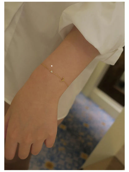 INZATT Real 925 Sterling Silver Zircon Moon Star Charm Bracelet For Women 14K Gold Classic Fine Jewelry MInimalist Bijoux Summer