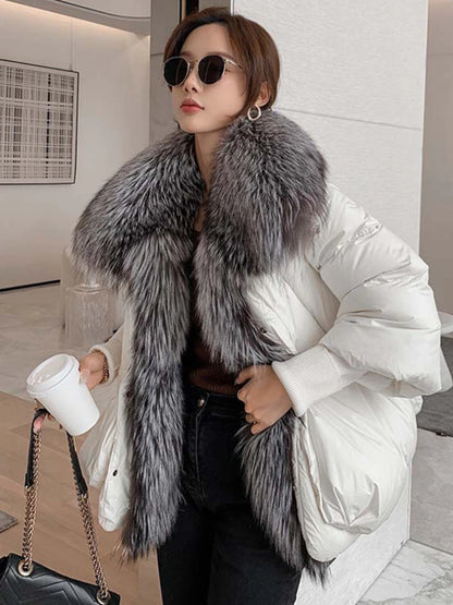 2024 Winter Women Warm Coat Oversized Real Fox Fur Collar Thick Luxury Outerwear New Fashion 90% Goose Down Jacket