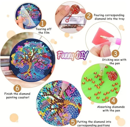 8pcs/Set DIY Diamond Painting Coasters with Holder Anti Slip Wood Drip Mats Crystal Rhinestones Diamond Art Coasters for Adults