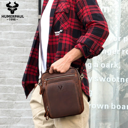 HUMERPAUL Genuine Leather Men's Shoulder Bag Vintage Cross Bags Large Capacity Male Messenger Tote Bag Travel Bolso Hombres