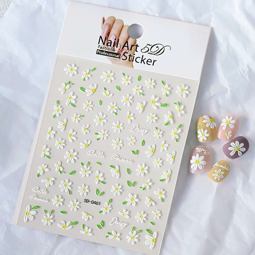 5D Hibiscus Flower Nail Embossed Sticker Acrylic Pink White Gold Petal Leaf Adhesive Decal Butterfly Dragon Floral Elegant Decor