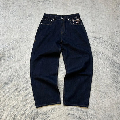 Vintage Low Waist Hip Hop Cherry Blossom Embroidered Jeans  Wide Leg Trousers Y2K Clothes Mens Womes Embroidered Baggy Jeans