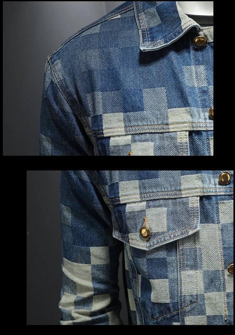 2025 Autumn Vintage Checkered Denim Jacket for Men Flip Collar Single Breasted Casual Business Jacket Social Street Wear Jeans