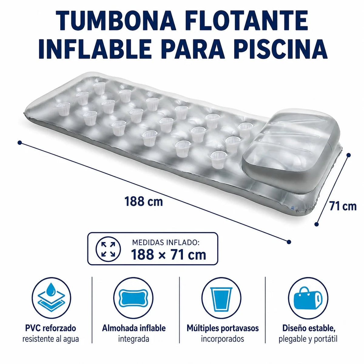 Inflatable Floating Pool Mattress with Integrated Pillow and Cup Holder, Durable Pvc Material, Sunbathing Float