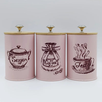 3Pcs Canister Set for Kitchen Counter, Coffee Sugar Tea Canister, Metal Vintage Kitchen Containers, Food Storage Containers