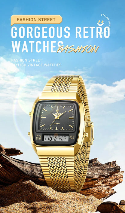 New Fashion Casual Watch Men Digital Dual Time Week Gold Sport 3bar Waterproof Quartz Wristwatches Clock relogio masculino L1030