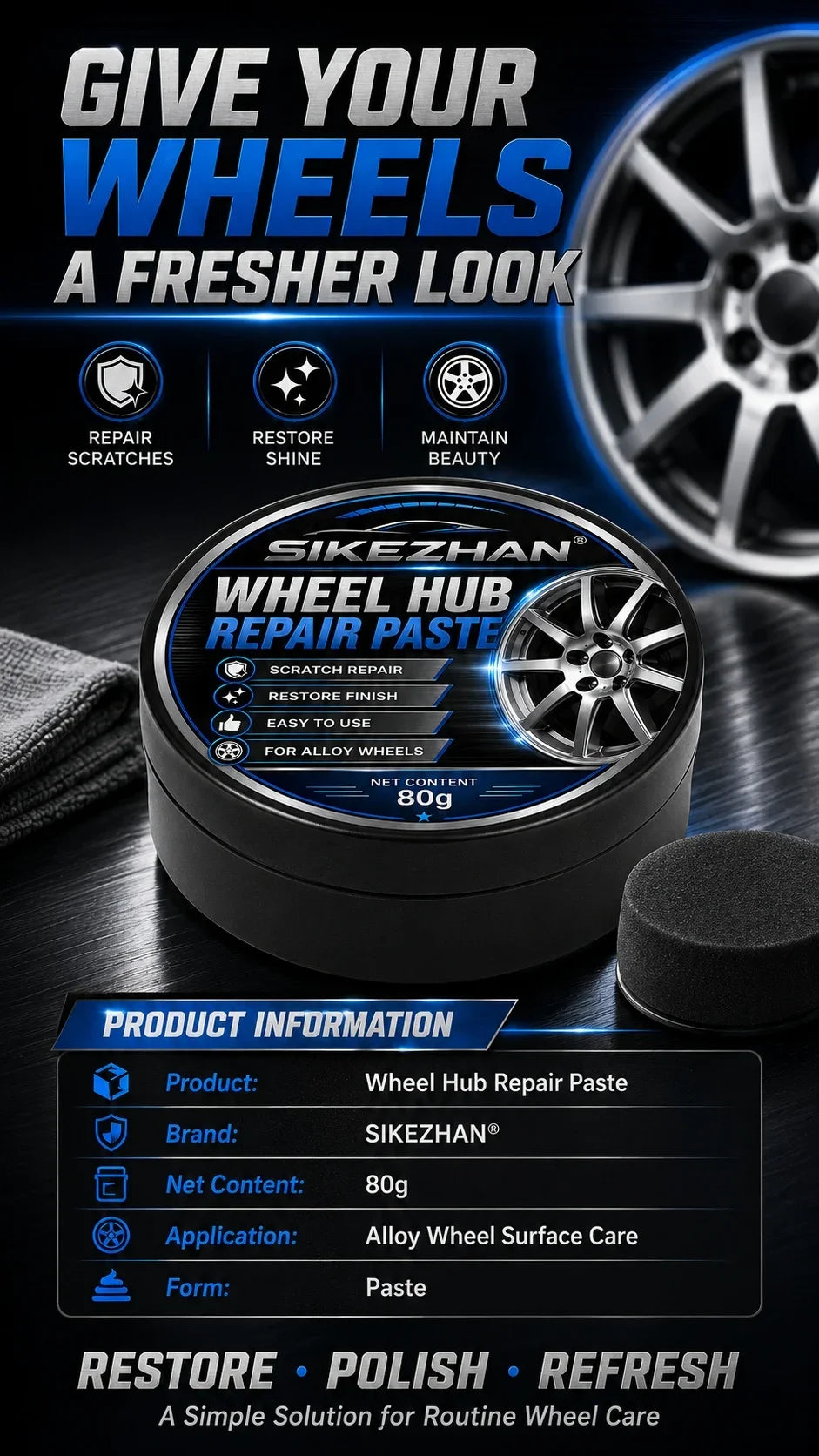 Car Wheel Hub Repair Paste, Scratch & Oxidation Remover, Color Restorer & Polish Wax Cleaner for Alloy Chrome Rims & Tires (80g)