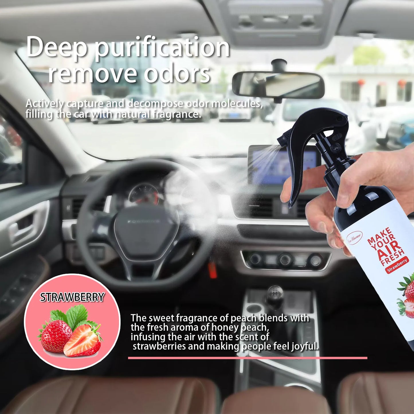 A 150ml car air freshener spray that doubles as a home fragrance. It effectively eliminates odors and can also be used as a hand