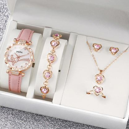 6PCS/Set Fashion Rhinestone Women's Watch Leather Band Analog Quartz Watches Rhinestone Heart Jewelry Set（Without Box）