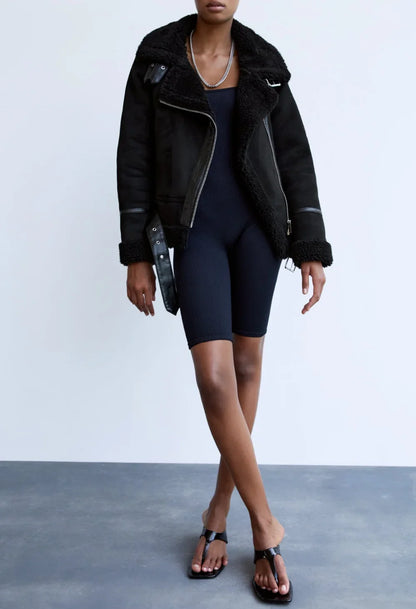 Winter Faux Shearling Sheepskin Fake Leather Jackets Lady Thick Warm Suede Lambs Motorcycle Brown Coats Mujer Chaqueta A407
