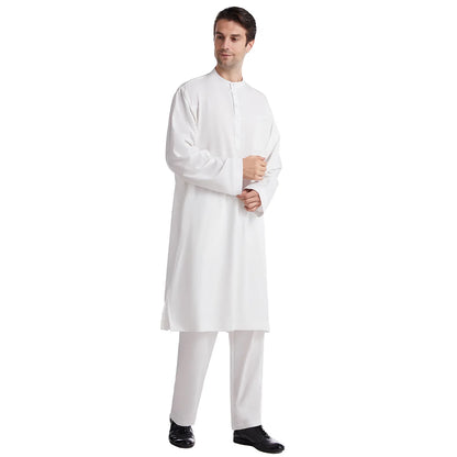 Muslim Men Jubba Thobe 2 Pice Set Top with Pant Mens Abaya Long Islamic Eid 2025 Ramadan Long Robe Saudi Wear Caftan Dubai Arab