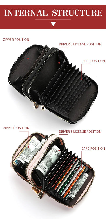 Women's Double Zipper Wallet Fashion Short Credit Card Holder with Large Capacity Coin Purse
