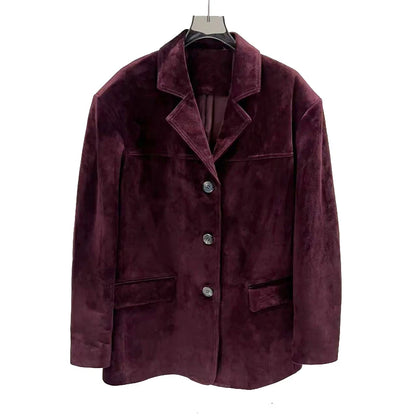French High-end Western-style Leather Jacket for Women 2026 New Color Purple Red Oversized Casual Kid Suede Suit Blazer Outwears