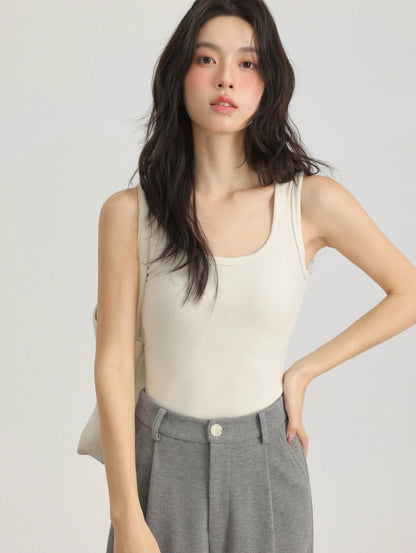 Spring Women U-Neck Knit Tank Top Cashmere-Like Fabric Elastic Slim Fit Sleeveless Camisole Solid Color Base Layer Stylish Vest
