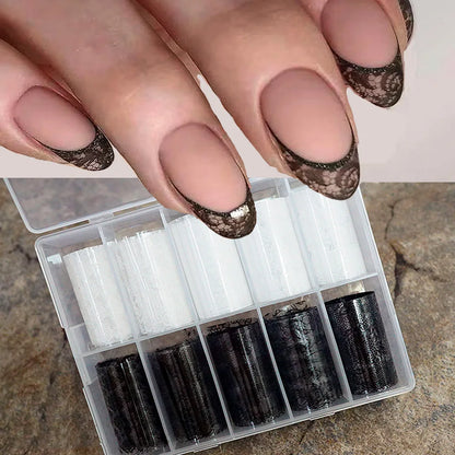 10 Rolls 4x50CM Black White Lace Transfer Nail Sticker Sexy Flower Lace Nail Art Transfer Foils Paper for DIY Manicure Decals*@#