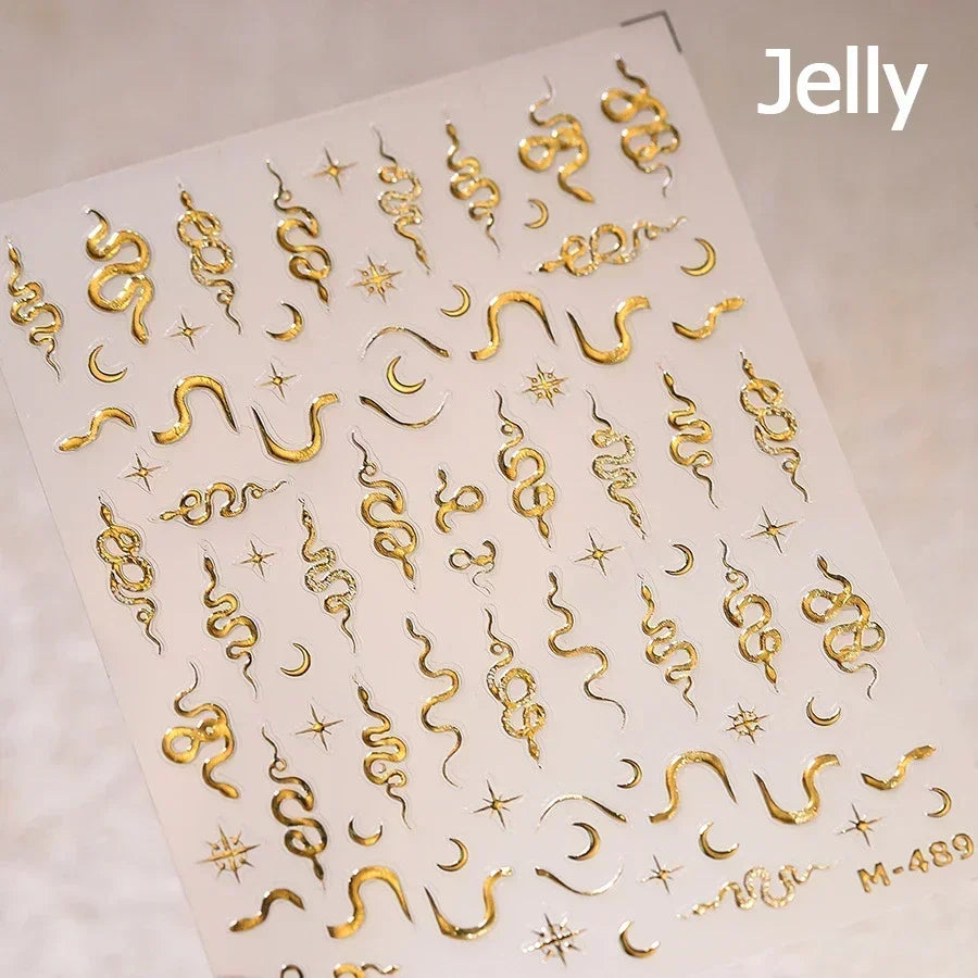 5D Gold Stamped Silver Sun Stars Snake Nail Art Stickers Totems Reliefs Self Adhesive Dark Chinese Style Manicure Decals