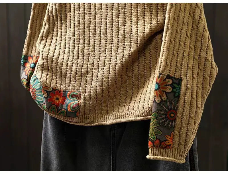 Winter Fall Fashion Vintage Sweater Women's O-neck Loose Casual Lazy-style Casual Pullover Tops Flower Print Patchwork Knitwear
