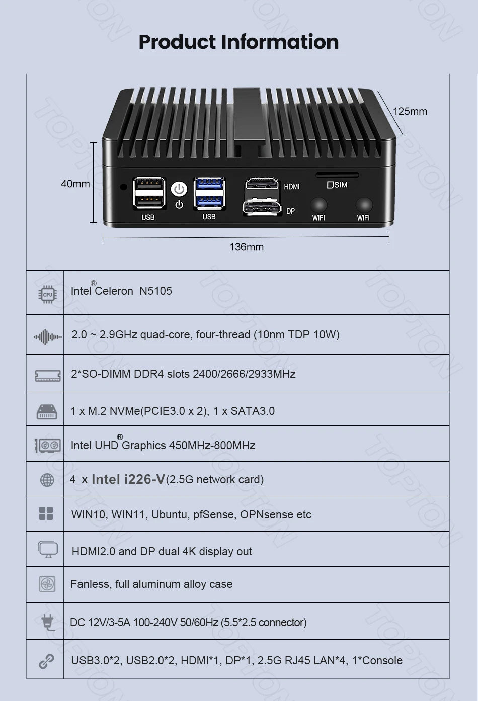 Topton Solid Fanless Firewall Mini PC VPN Gateway Intel N150 N5105 J6412 J5005 7305 6305 4x2.5G LAN Home Server PfSense Computer