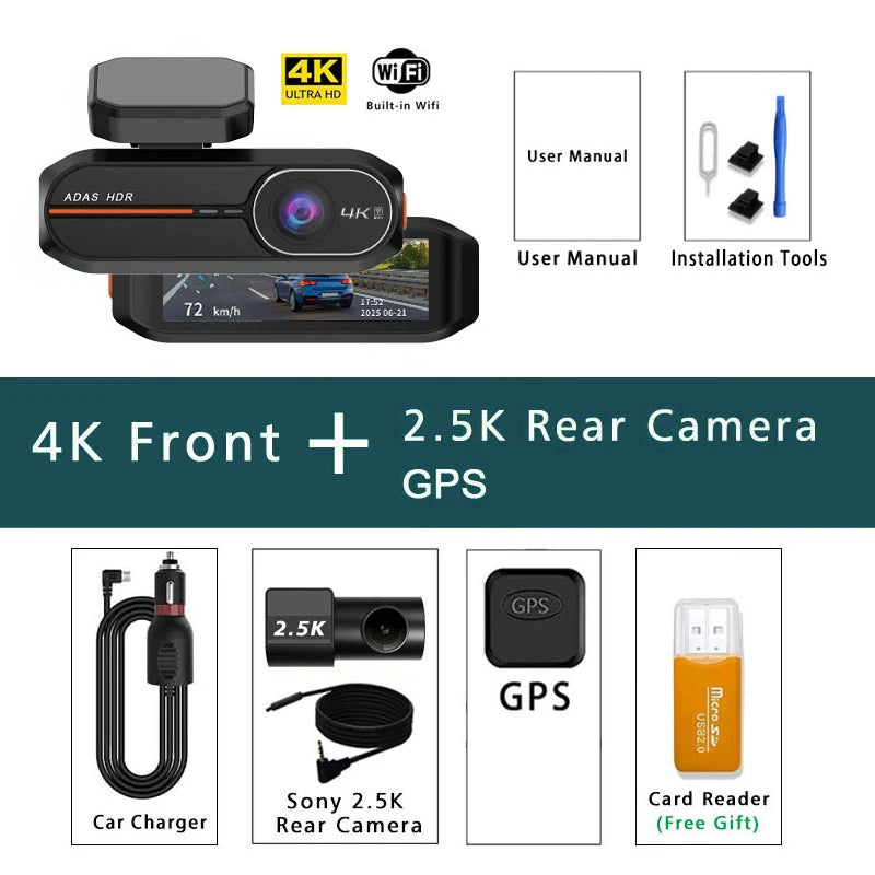 4K 3840*2160P Dash Cam WiFi GPS ADAS Front 4K Rear 2.5K DVR Video Recorder 24H Night Vision Dashcam Car Camera For Car Black Box