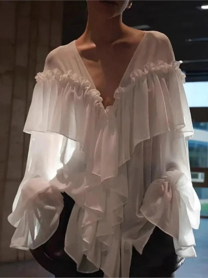 Sexy See-through Chiffon Top V-neck Long Sleeve Beach Party Shirt Trans-seasonal Women's Low Cut Shirt Ruffle Solid Color Tops