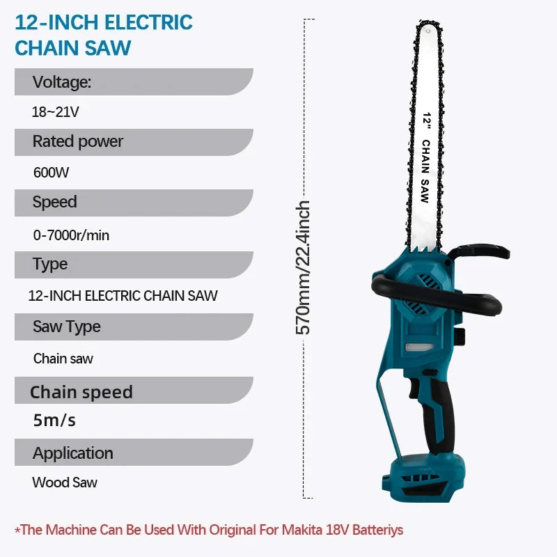 600W Handheld Brushless Woodworking Chainsaw Power Tool For Makita 18V Battery 12-inch Cordless Blue Electric Chainsaw