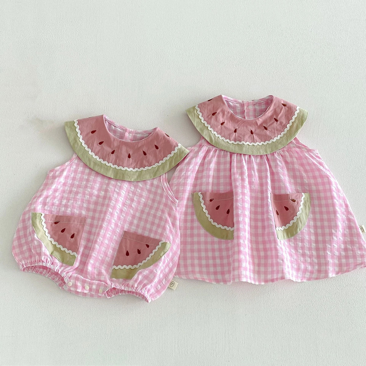 2026 Summer Childrens Clothes Watermelon Collar Baby Bodysuit with Patch Pockets Pink-white Check Girls Dress