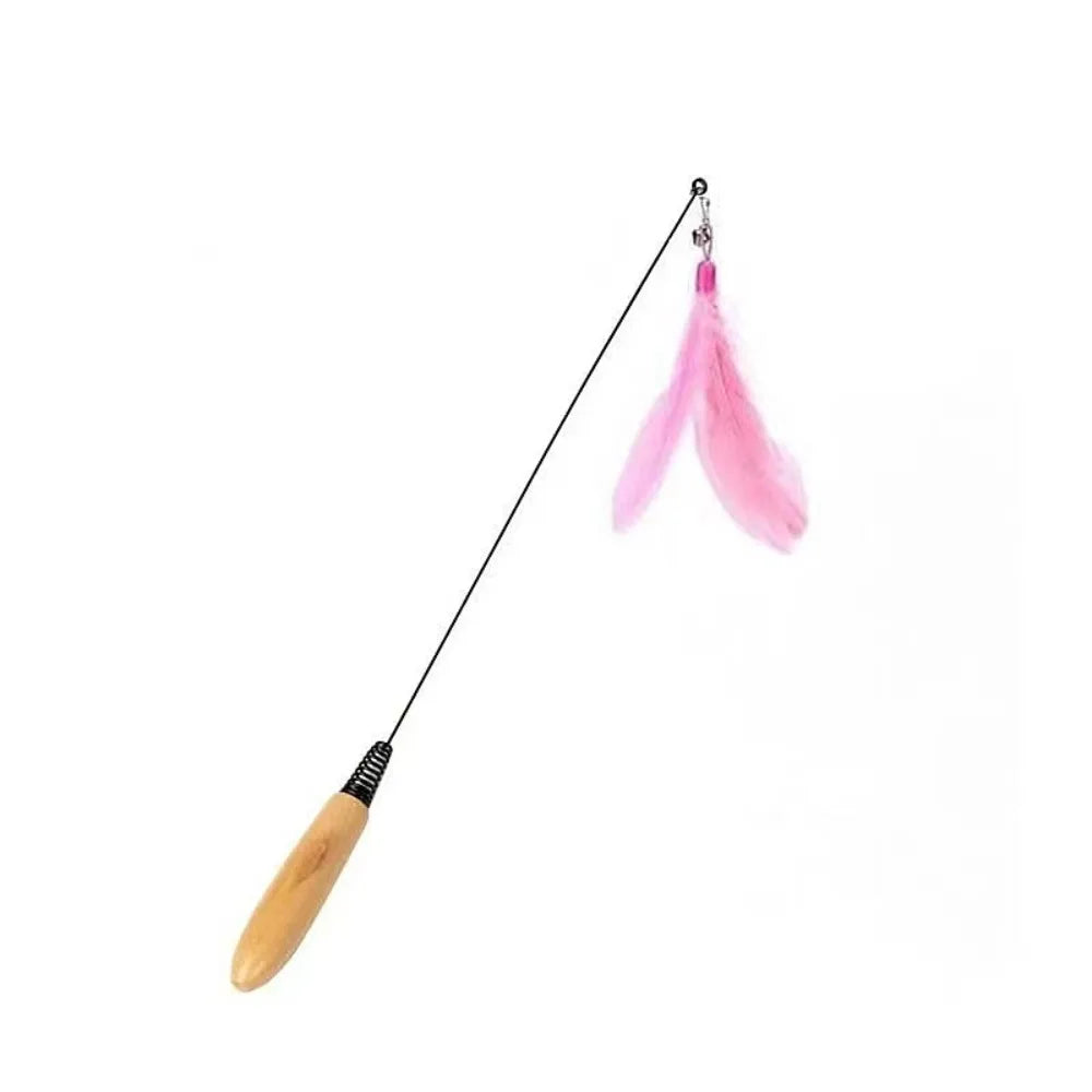 Wooden Handle Spring Teasing Cat Stick Feather Simulation Fishing Rod Cat Teaser Stick Interactive Replaceable Bell Squeaky Cat