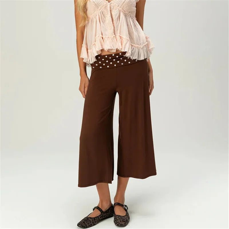 Women Fold Over Waist Gaucho Pants Low Rise Cropped Wide Leg Capri Pants Summer Foldover Culottes Yoga Pants Pajama Bottoms