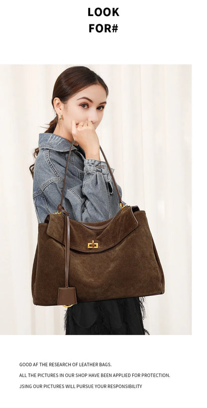 Large Capacity Autumn Winter Suede Leather Tote Bag Frosted Cowhide High-Grade Shoulder Bag for Women