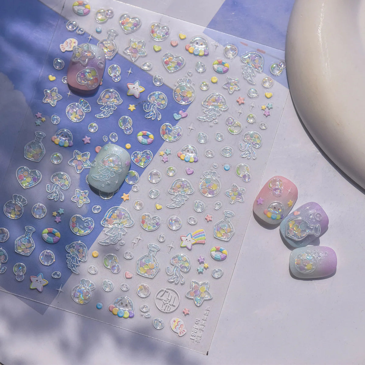Colorful Bagful Jellyfish Bubbles Swimming Rings Rainbow Stars Ocean Starfish Self Adhesive 5D Nail Art Sticker Manicure Decal