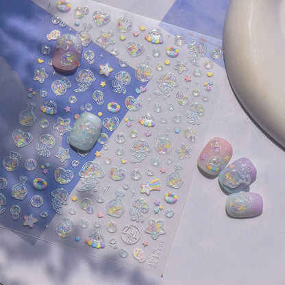 Colorful Bagful Jellyfish Bubbles Swimming Rings Rainbow Stars Ocean Starfish Self Adhesive 5D Nail Art Sticker Manicure Decal