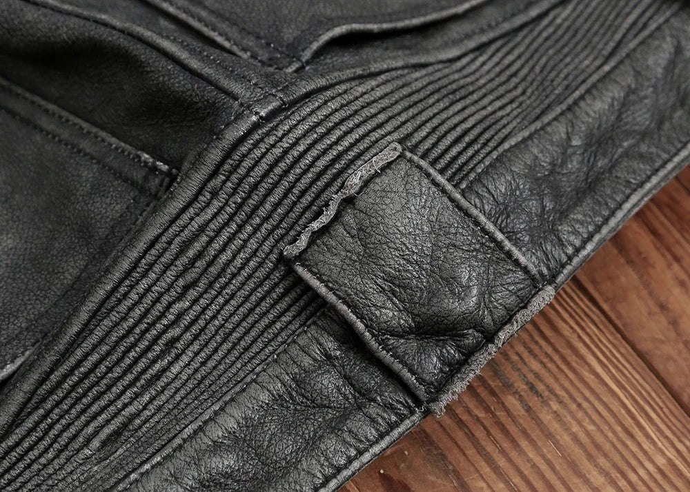 Men's Vintage Gray Black Motorcycle Style Trousers Genuine Thick Cowhide Biker's Pants Real Natural Leather Skinny Pants 4XL