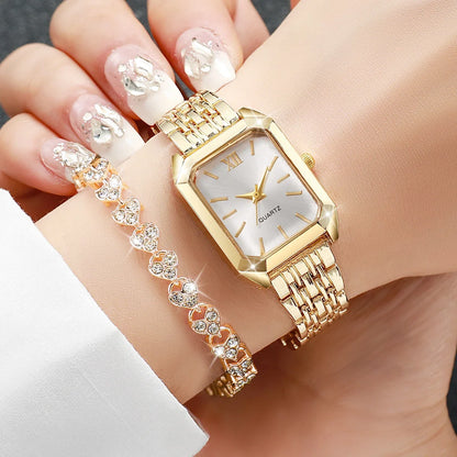 2PCS/Set Fashion Rectangle Women Quartz Watch Ladies Roma Dial Wristwatches Rhinestone Bracelet Set Reloj Mujer Girls Clock Gift