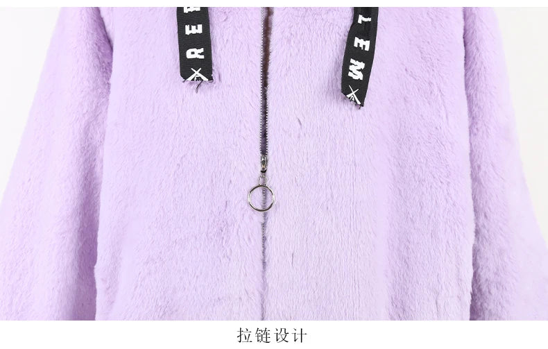 Nerazzurri Autumn Winter Sweet Cute Kawaii Soft Thick Warm Faux Fur Coat Women with Bunny Ears Cute Fluffy Jacket Hoodie 2024