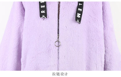 Nerazzurri Autumn Winter Sweet Cute Kawaii Soft Thick Warm Faux Fur Coat Women with Bunny Ears Cute Fluffy Jacket Hoodie 2024