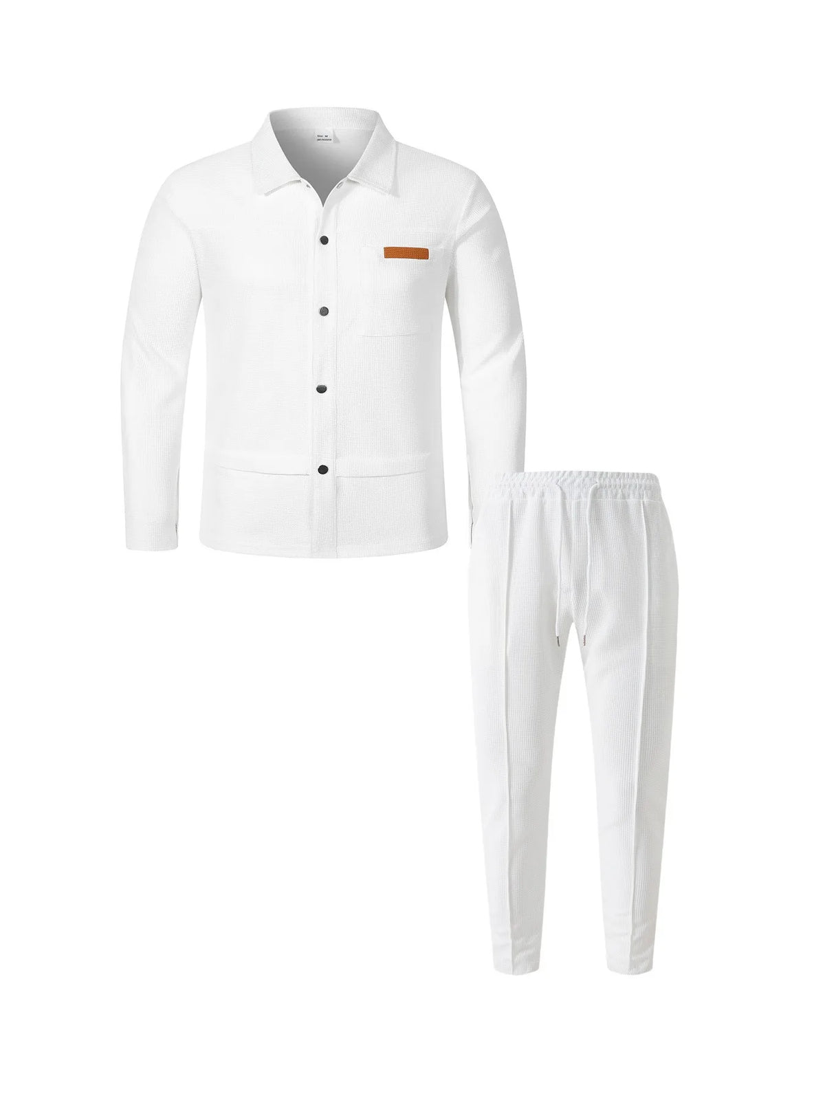 2026 Men's New Style Waffle Plain Color Collar Button-Down Pockets Long-Sleeved Pants Casual Jacket Set