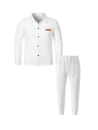 2026 Men's New Style Waffle Plain Color Collar Button-Down Pockets Long-Sleeved Pants Casual Jacket Set